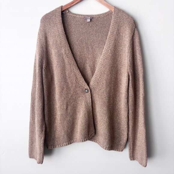 J.Jill Gold Shimmer Cardigan Beige Metallic Knit Sweater M Boho Cocktail Party - Picture 1 of 6